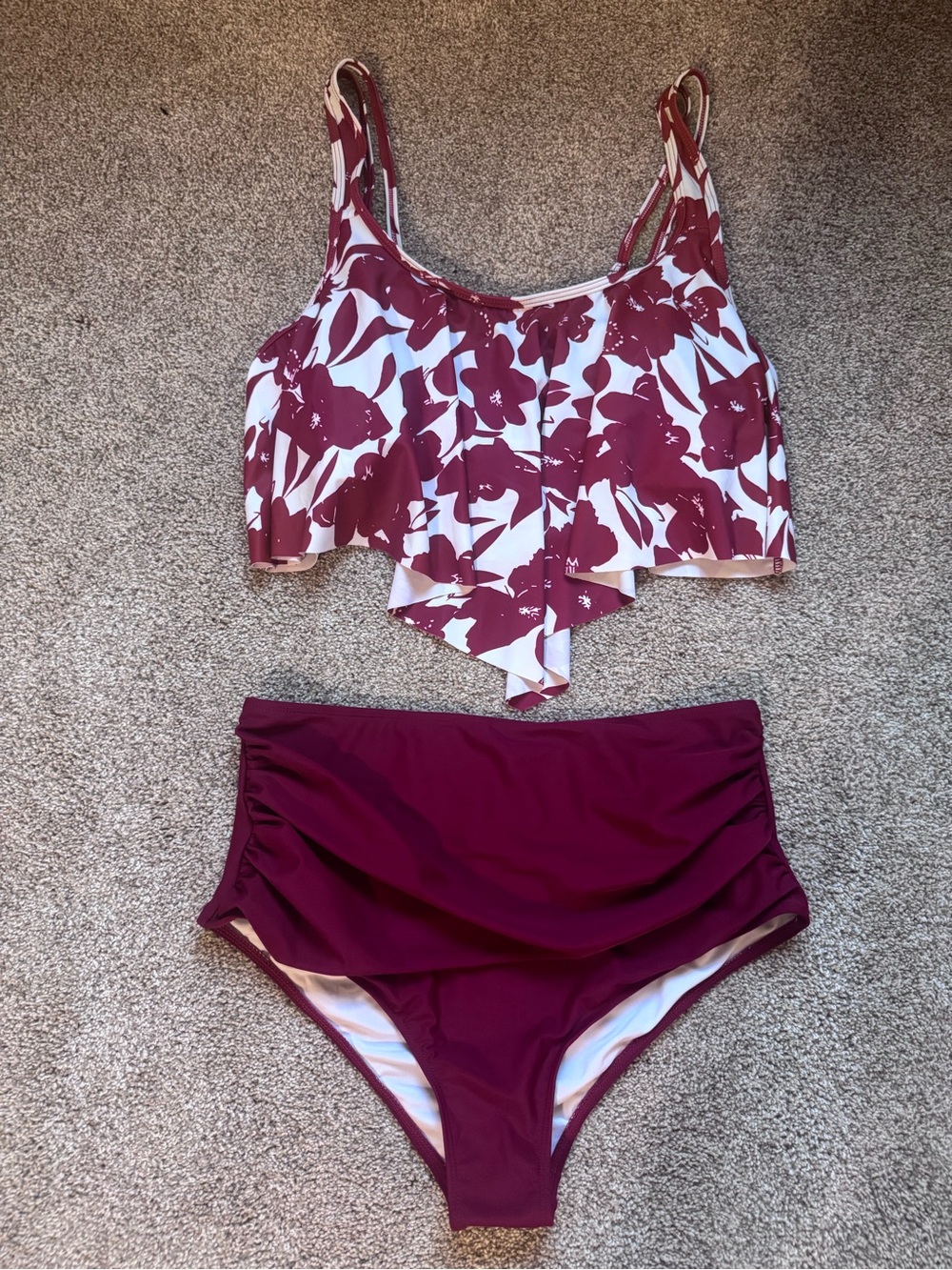 Floral Ruffle High-Waist Bikini Set - Burgundy